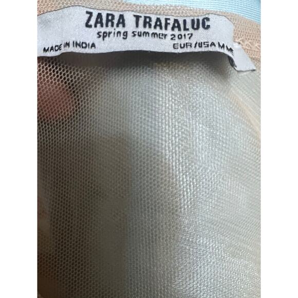 Zara Trafaluc Dress Mesh Asymmetric SzM Nude Sheer Gauzy Floral Ruffle Coquette - Picture 4 of 5